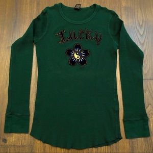 Lucky Brand Top Thermal Appliqué Green Waffle Weave Long Sleeve Top Size Large
